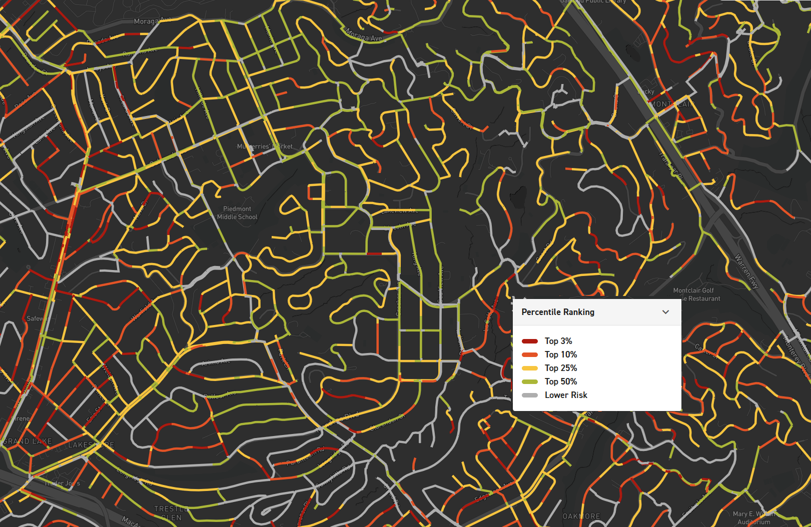 A neighbourhood map with colour-coded lines showing percentile risk rankings.