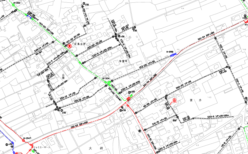 A detailed technical map of a network showing lines, points and measurements.