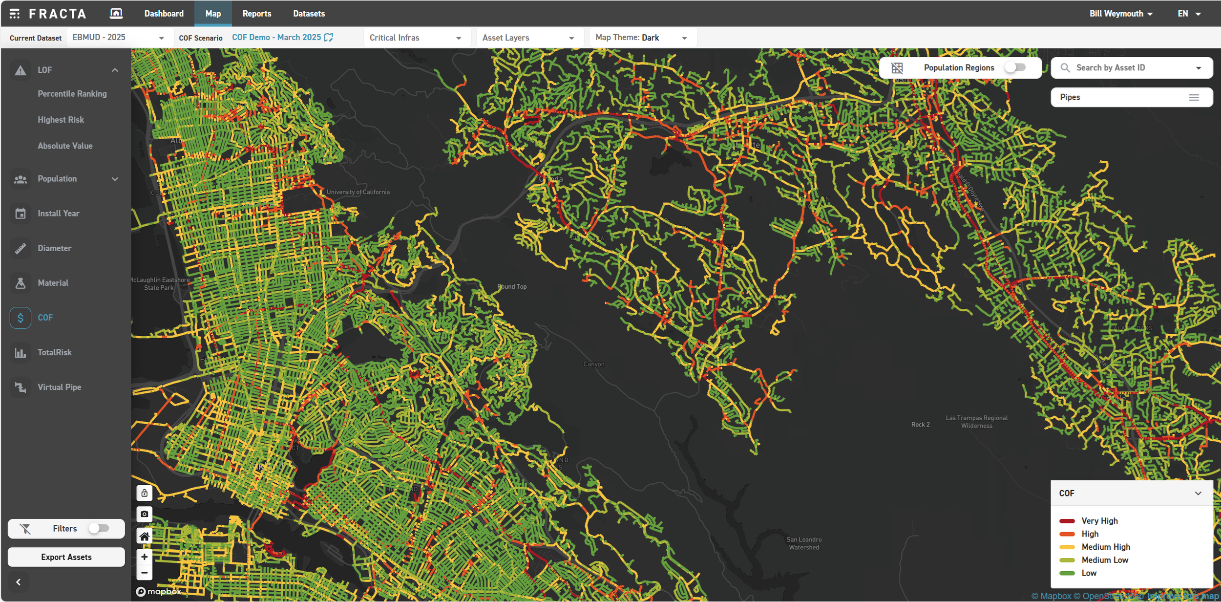 COF map view: segments colour-coded by the consequence of a break, red being the highest.