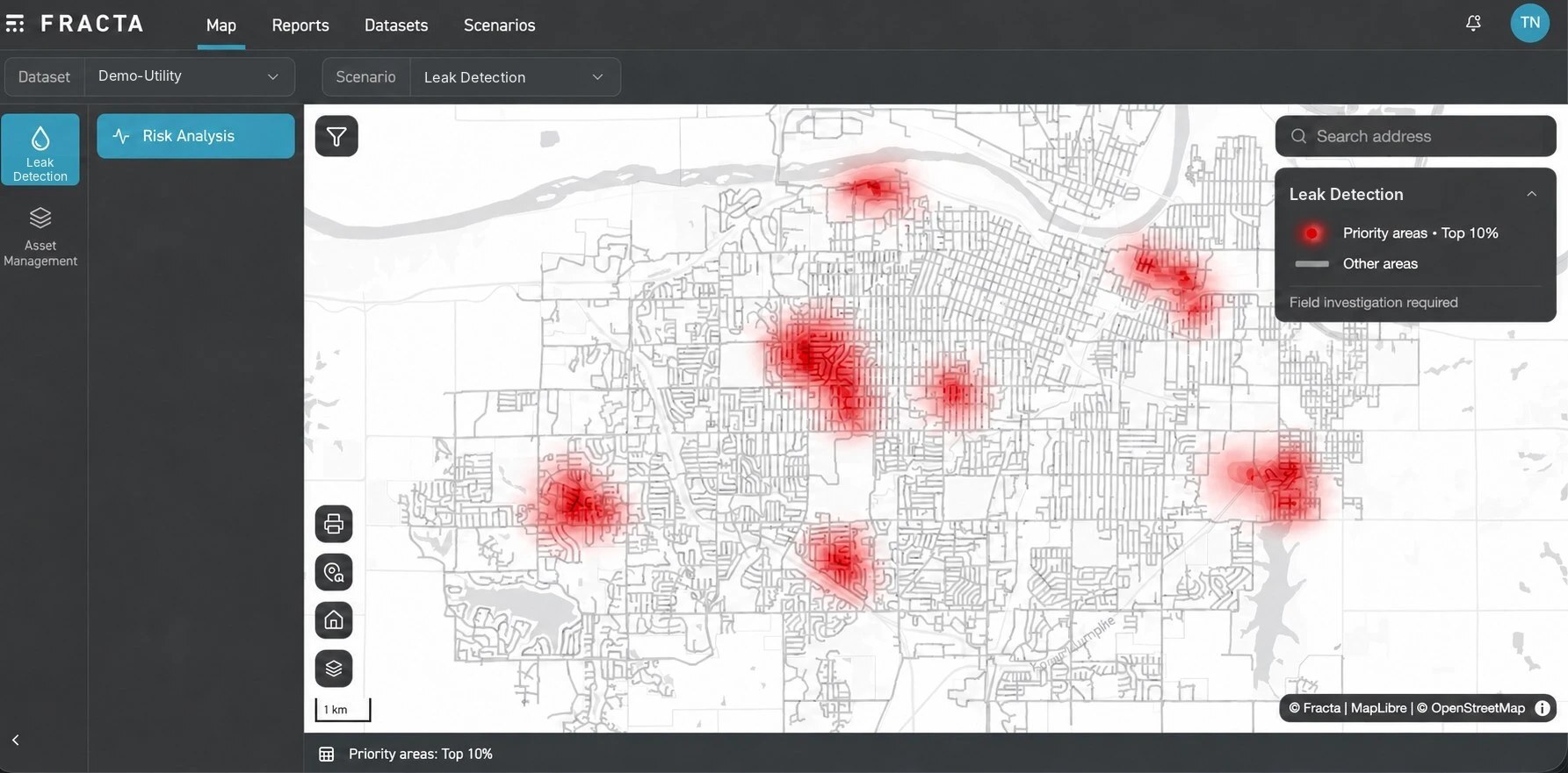 Fracta Leak Detection map showing priority areas flagged for field investigation